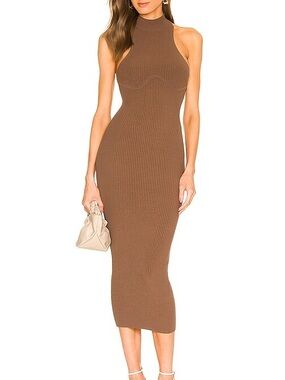 Michael Costello X Revolve Annalie Sleeveless Brown Ribbed Halter Midi Dress